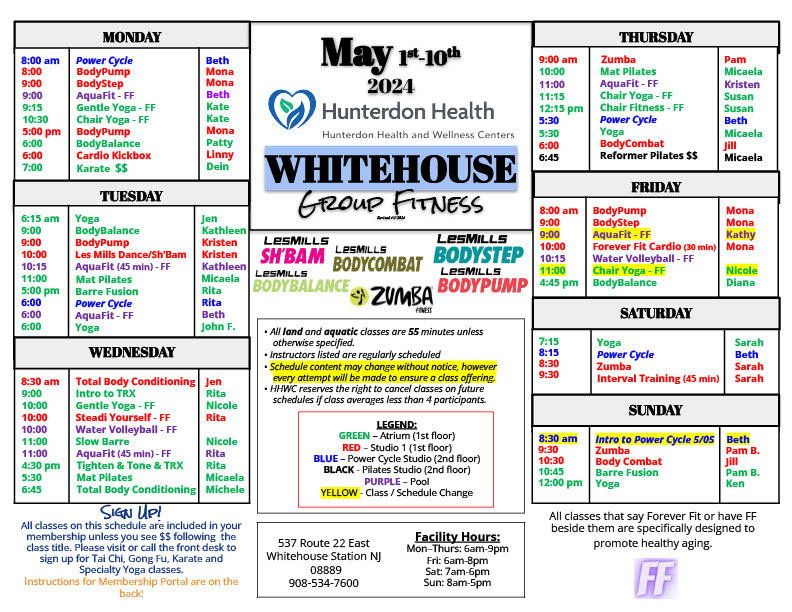 Whitehouse Group Fitness schedule - May 2024