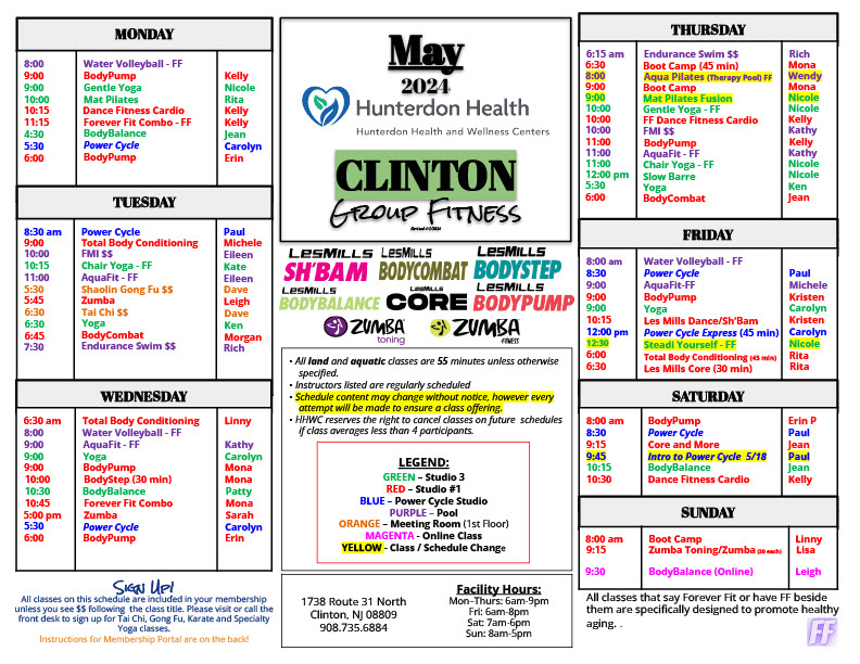 Clinton Group Fitness schedule - May 2024